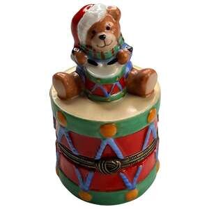 Vintage 1998 FIGI Christmas Teddy Bear Drum Hinged Trinket Box Porcelain Holiday